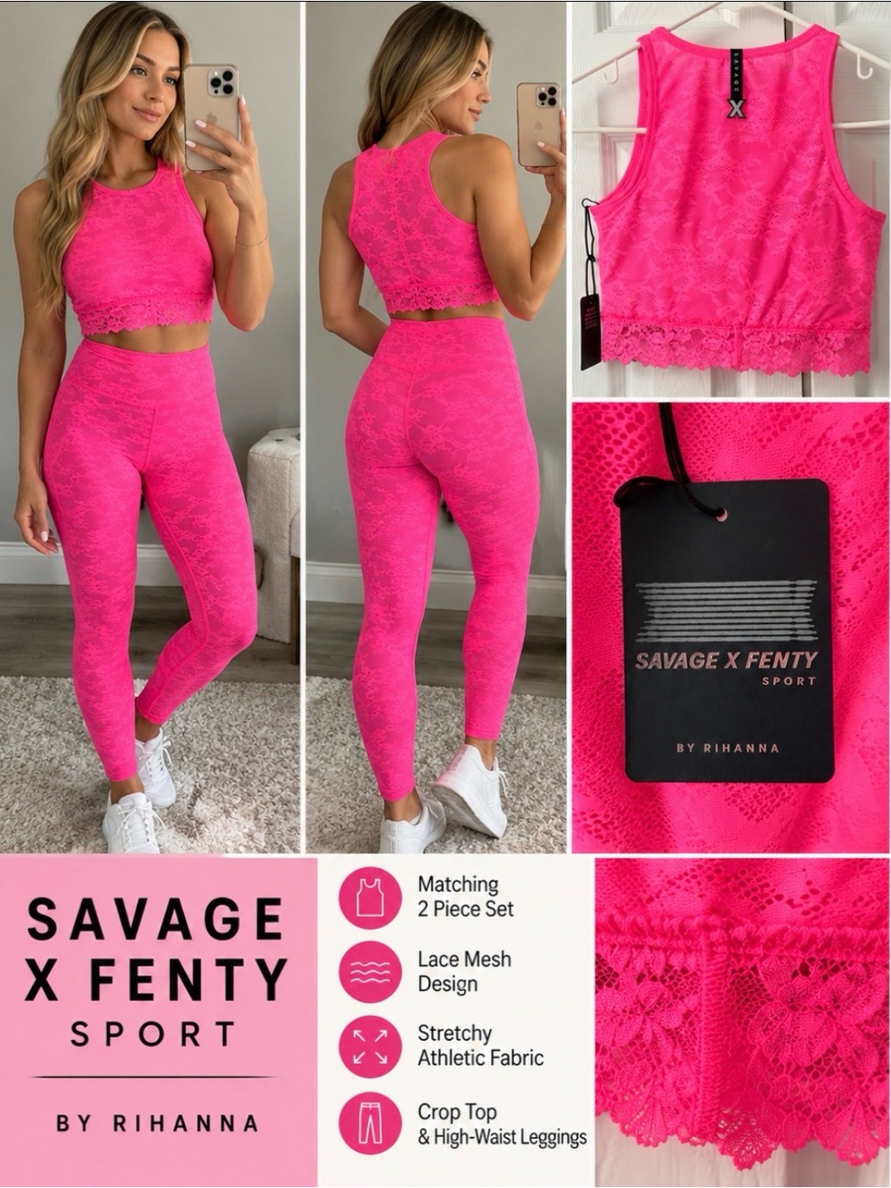 Savage X Fenty Sport Neon Pink Lace Crop Top & Legging Set S NWT